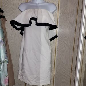 Off-Shoulder White Dress with Black Trim